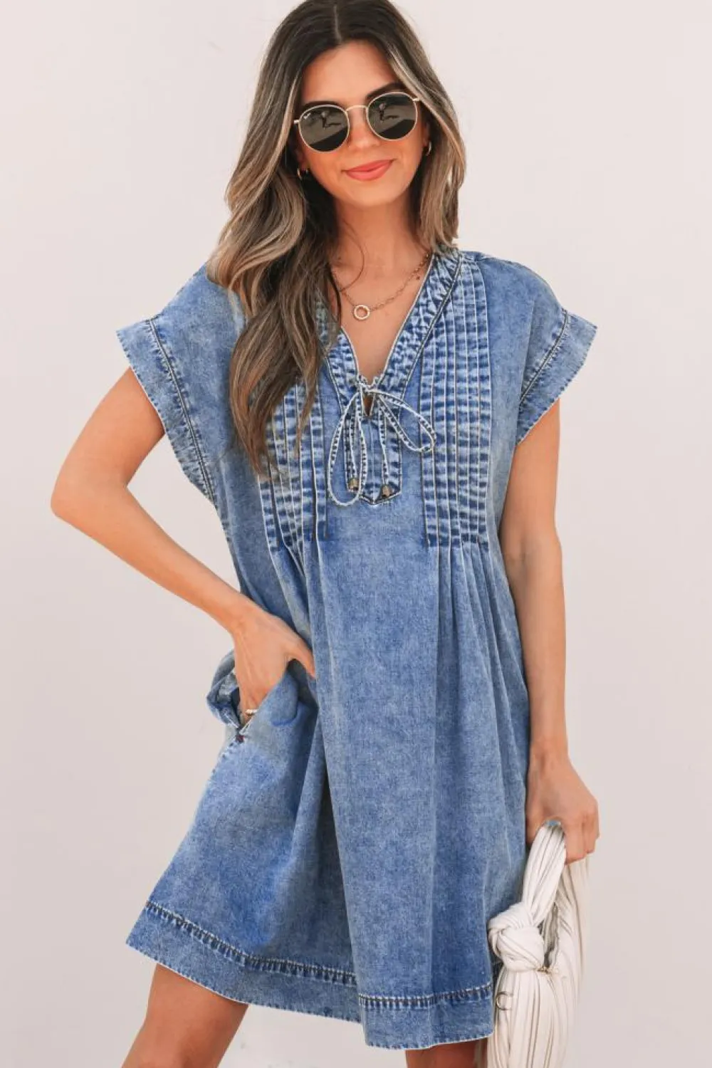 Online Dear-Lover Tie V Neck Tucking Detail Short Sleeve Denim Shift Dress Beau Blue