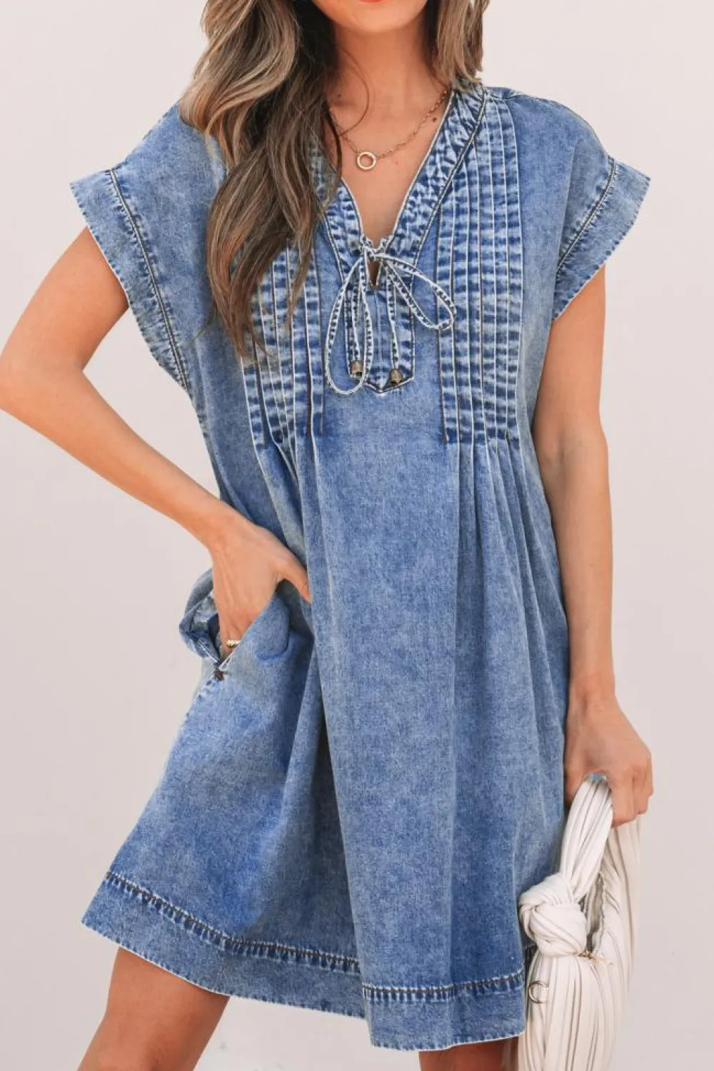Online Dear-Lover Tie V Neck Tucking Detail Short Sleeve Denim Shift Dress Beau Blue