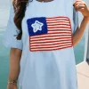 Discount Dear-Lover Tinsel American Flag Graphic Drop Shoulder T-shirt Beau Blue