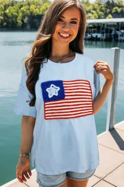 Discount Dear-Lover Tinsel American Flag Graphic Drop Shoulder T-shirt Beau Blue