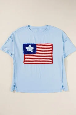 Discount Dear-Lover Tinsel American Flag Graphic Drop Shoulder T-shirt Beau Blue