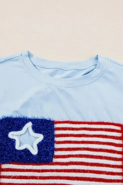 Discount Dear-Lover Tinsel American Flag Graphic Drop Shoulder T-shirt Beau Blue