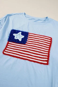 Discount Dear-Lover Tinsel American Flag Graphic Drop Shoulder T-shirt Beau Blue