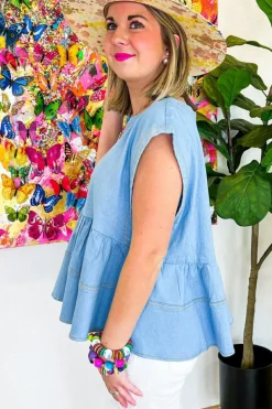 Best Dear-Lover Trendy Stitching Detail Denim Peplum Top Beau Blue