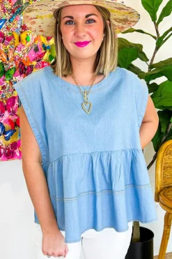 Best Dear-Lover Trendy Stitching Detail Denim Peplum Top Beau Blue