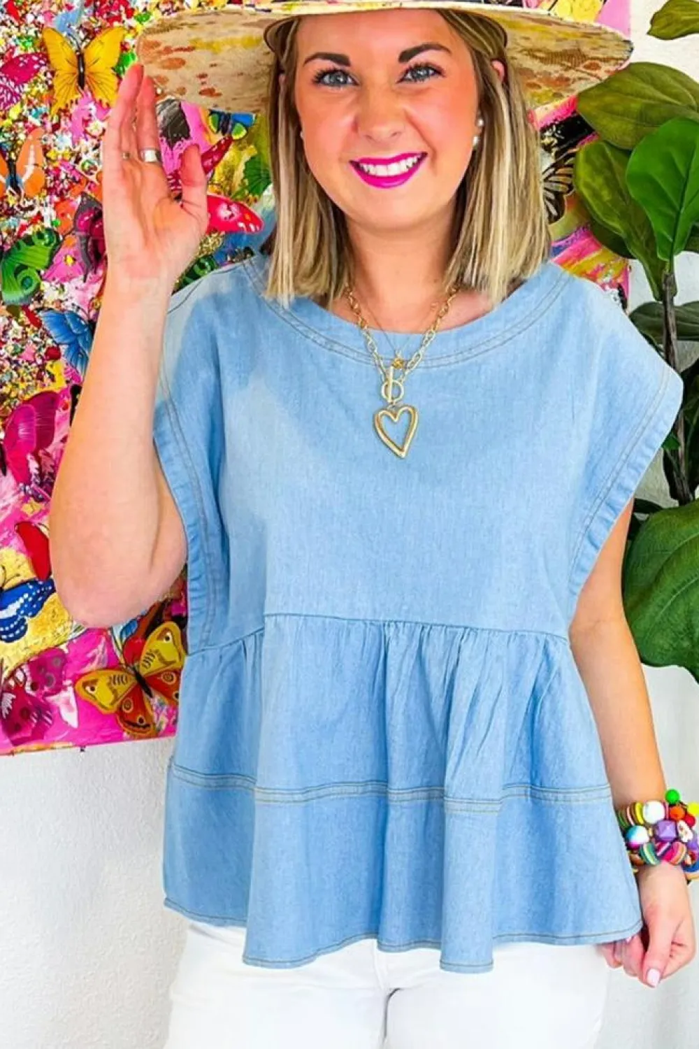 Best Dear-Lover Trendy Stitching Detail Denim Peplum Top Beau Blue