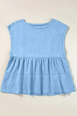 Best Dear-Lover Trendy Stitching Detail Denim Peplum Top Beau Blue