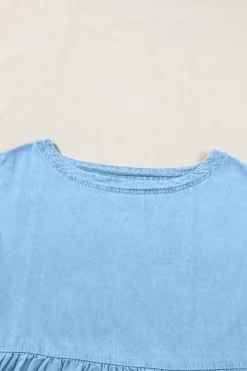 Best Dear-Lover Trendy Stitching Detail Denim Peplum Top Beau Blue