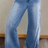 Clearance Dear-Lover Vintage Stitching Raw Hem Flared Jeans Beau Blue