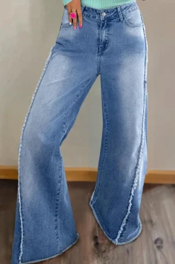 Clearance Dear-Lover Vintage Stitching Raw Hem Flared Jeans Beau Blue