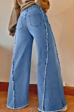 Clearance Dear-Lover Vintage Stitching Raw Hem Flared Jeans Beau Blue