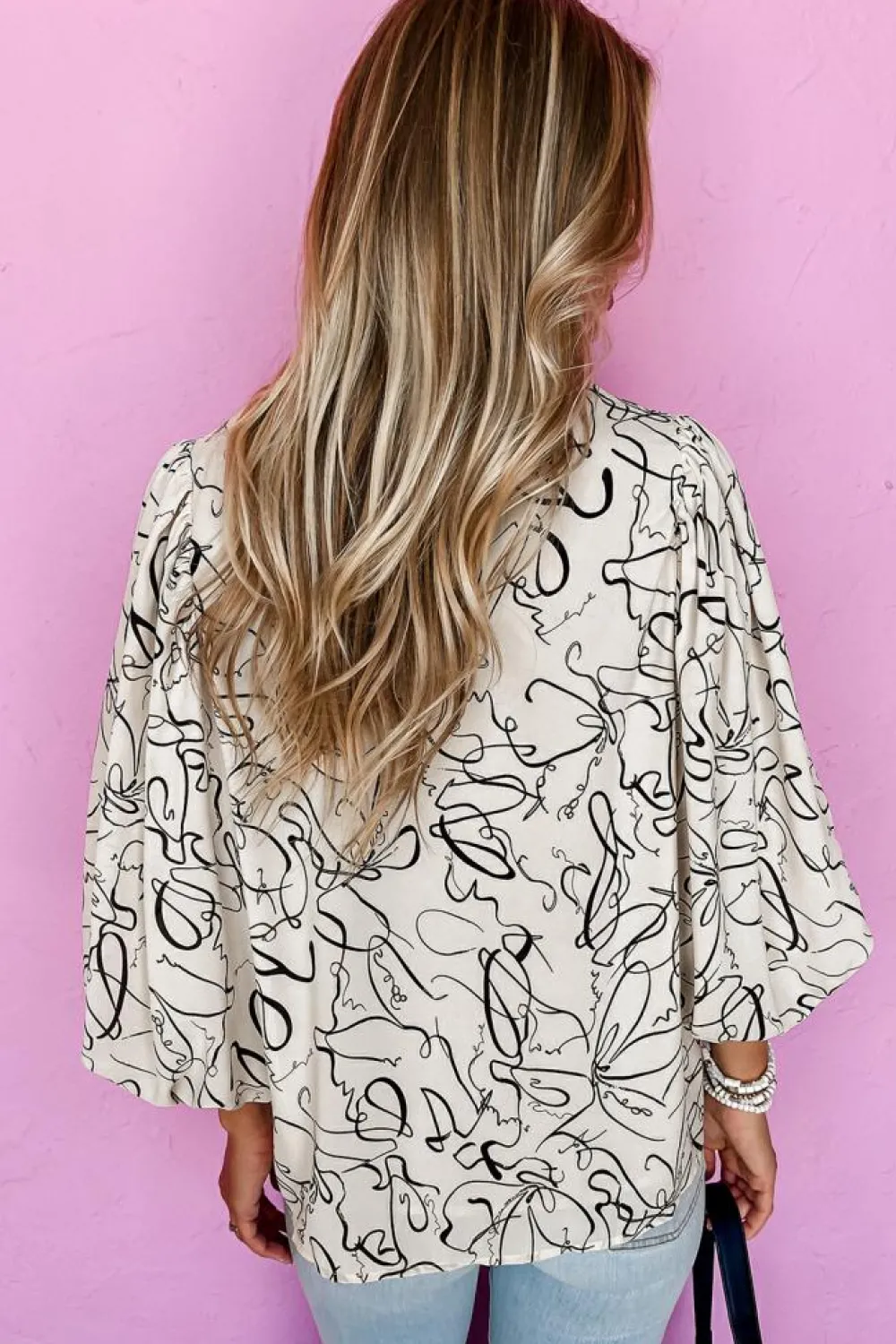 Outlet Dear-Lover Abstract Print Balloon Sleeve Crew Neck Blouse Beige