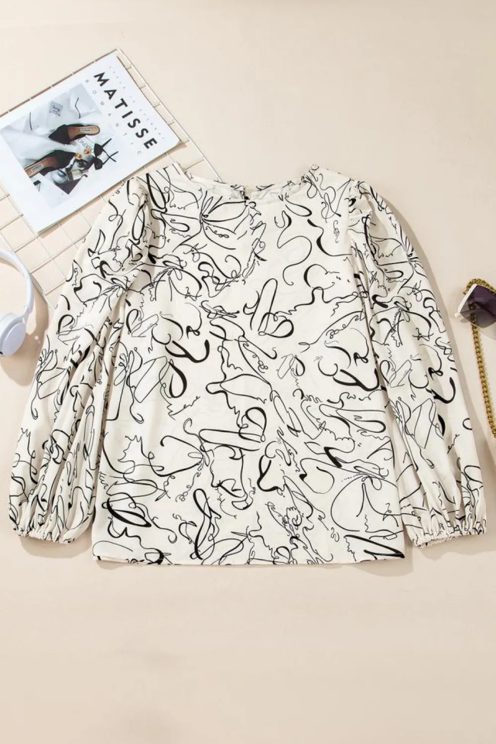 Outlet Dear-Lover Abstract Print Balloon Sleeve Crew Neck Blouse Beige