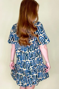 Best Dear-Lover Abstract Print Bubble Sleeve Button up Mini Dress Beige
