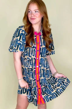 Best Dear-Lover Abstract Print Bubble Sleeve Button up Mini Dress Beige