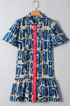 Best Dear-Lover Abstract Print Bubble Sleeve Button up Mini Dress Beige