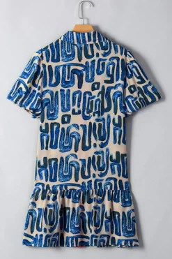 Best Dear-Lover Abstract Print Bubble Sleeve Button up Mini Dress Beige