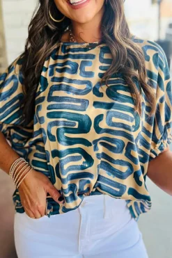 Hot Dear-Lover Abstract Print Short Sleeve Loose Top Beige
