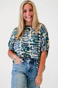 Hot Dear-Lover Abstract Print Short Sleeve Loose Top Beige