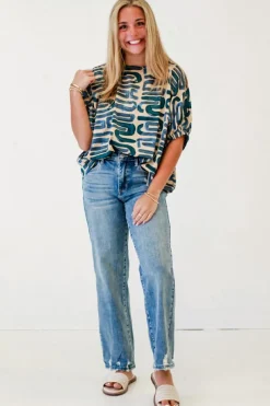 Hot Dear-Lover Abstract Print Short Sleeve Loose Top Beige