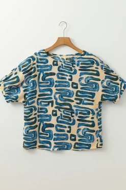 Hot Dear-Lover Abstract Print Short Sleeve Loose Top Beige