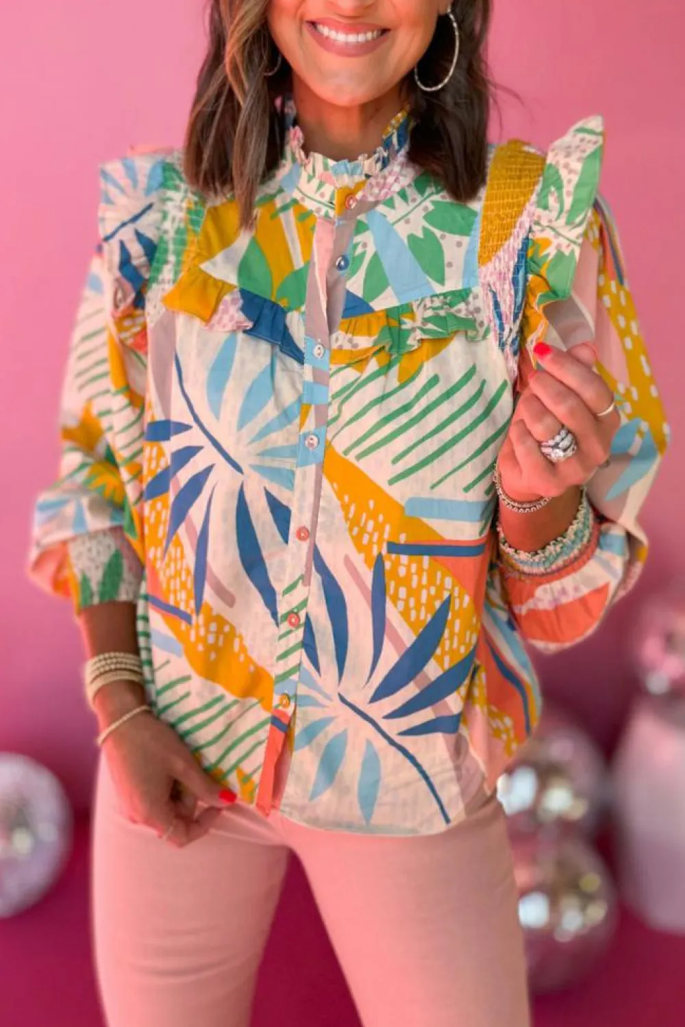 New Dear-Lover Abstract Smocked Ruffled Lantern Sleeve High Neck Shirt Beige