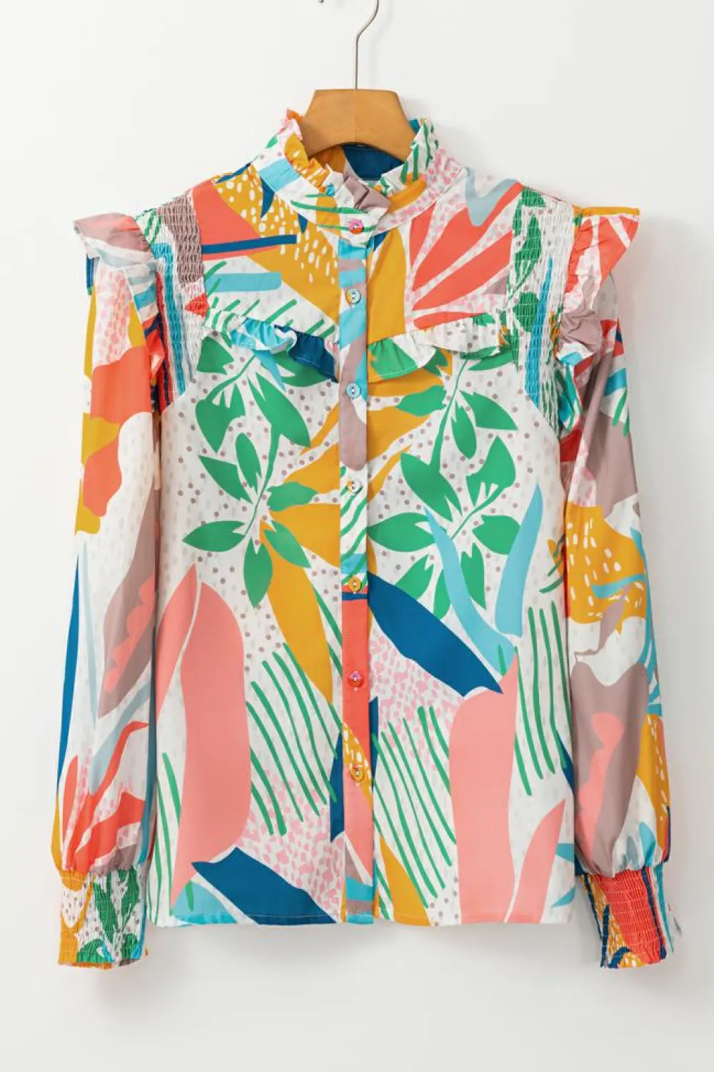 New Dear-Lover Abstract Smocked Ruffled Lantern Sleeve High Neck Shirt Beige
