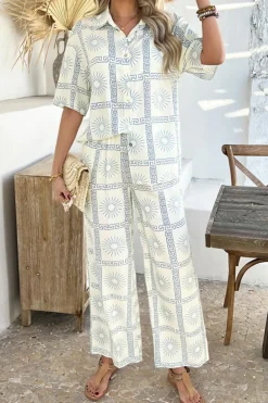 Outlet Dear-Lover Astra Print Half Sleeve Shirt and Pants Set Beige