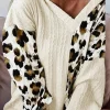 New Dear-Lover Asymmetric Leopard Patchwork Wide Sleeve V Neck Sweater Beige