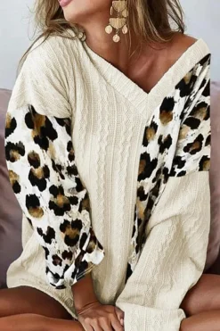 New Dear-Lover Asymmetric Leopard Patchwork Wide Sleeve V Neck Sweater Beige