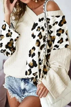 New Dear-Lover Asymmetric Leopard Patchwork Wide Sleeve V Neck Sweater Beige