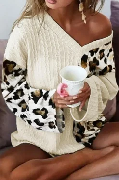 New Dear-Lover Asymmetric Leopard Patchwork Wide Sleeve V Neck Sweater Beige