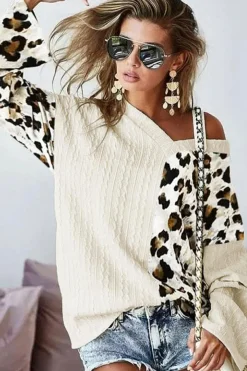 New Dear-Lover Asymmetric Leopard Patchwork Wide Sleeve V Neck Sweater Beige