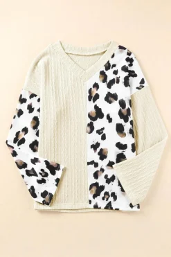 New Dear-Lover Asymmetric Leopard Patchwork Wide Sleeve V Neck Sweater Beige