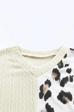 New Dear-Lover Asymmetric Leopard Patchwork Wide Sleeve V Neck Sweater Beige