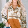 Sale Dear-Lover Aztec Print Kangaroo Pocket Half-Zip Hoodie Beige