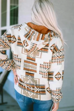 Sale Dear-Lover Aztec Print Kangaroo Pocket Half-Zip Hoodie Beige