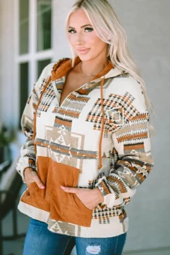 Sale Dear-Lover Aztec Print Kangaroo Pocket Half-Zip Hoodie Beige