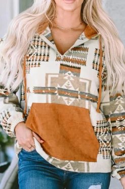 Sale Dear-Lover Aztec Print Kangaroo Pocket Half-Zip Hoodie Beige