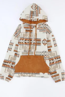 Sale Dear-Lover Aztec Print Kangaroo Pocket Half-Zip Hoodie Beige