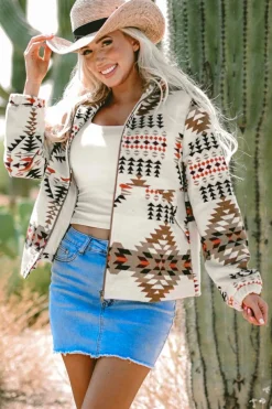 New Dear-Lover Aztec Printed Stand Neck Zip Up Jacket Beige