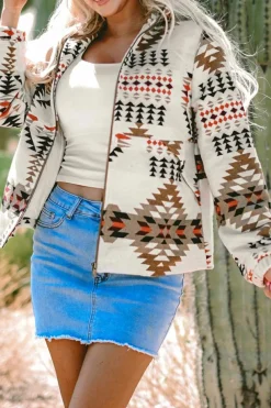 New Dear-Lover Aztec Printed Stand Neck Zip Up Jacket Beige