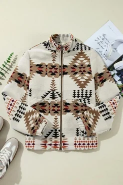 New Dear-Lover Aztec Printed Stand Neck Zip Up Jacket Beige