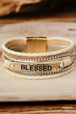 Hot Dear-Lover BLESSED Rhinestone Braided Detail Buckle Bracelet Beige