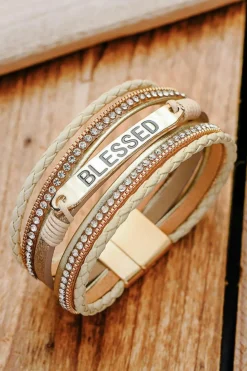 Hot Dear-Lover BLESSED Rhinestone Braided Detail Buckle Bracelet Beige