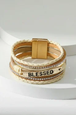 Hot Dear-Lover BLESSED Rhinestone Braided Detail Buckle Bracelet Beige