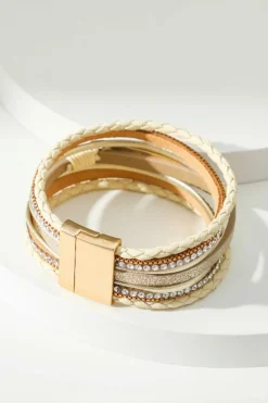 Hot Dear-Lover BLESSED Rhinestone Braided Detail Buckle Bracelet Beige