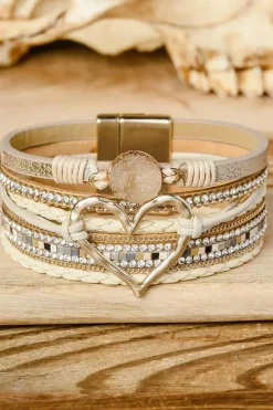 New Dear-Lover Bohemian Heart Rhinestone Magnetic Buckle Bracelet Beige