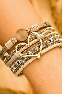 New Dear-Lover Bohemian Heart Rhinestone Magnetic Buckle Bracelet Beige