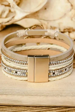 New Dear-Lover Bohemian Heart Rhinestone Magnetic Buckle Bracelet Beige